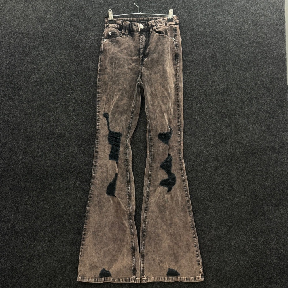 Forever 21 Women Brown Acid Wash Distressed Corduroy Flare Leg Y2K Pants Size S